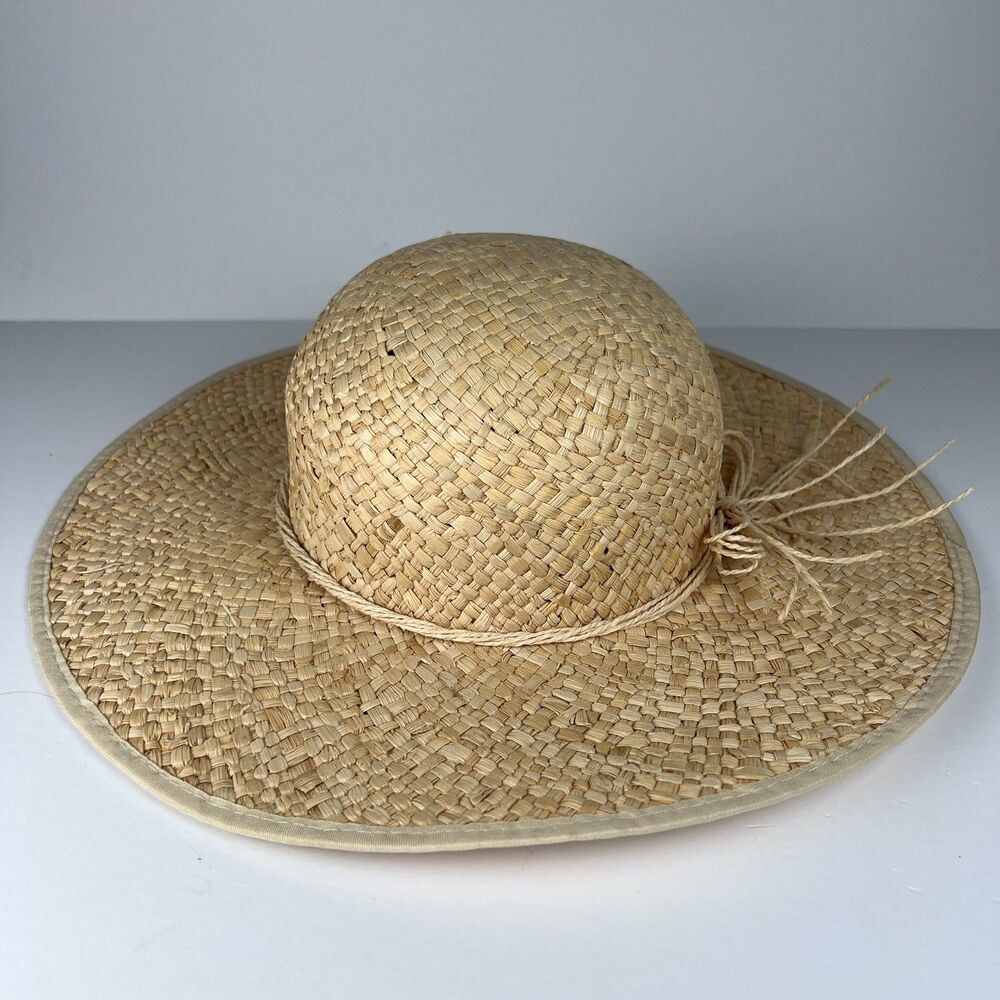 Natural Raffia Straw Sun Hat Wide Brim Bow Accent Beach Womens Cap Garden Sz 7 - Picture 3 of 11